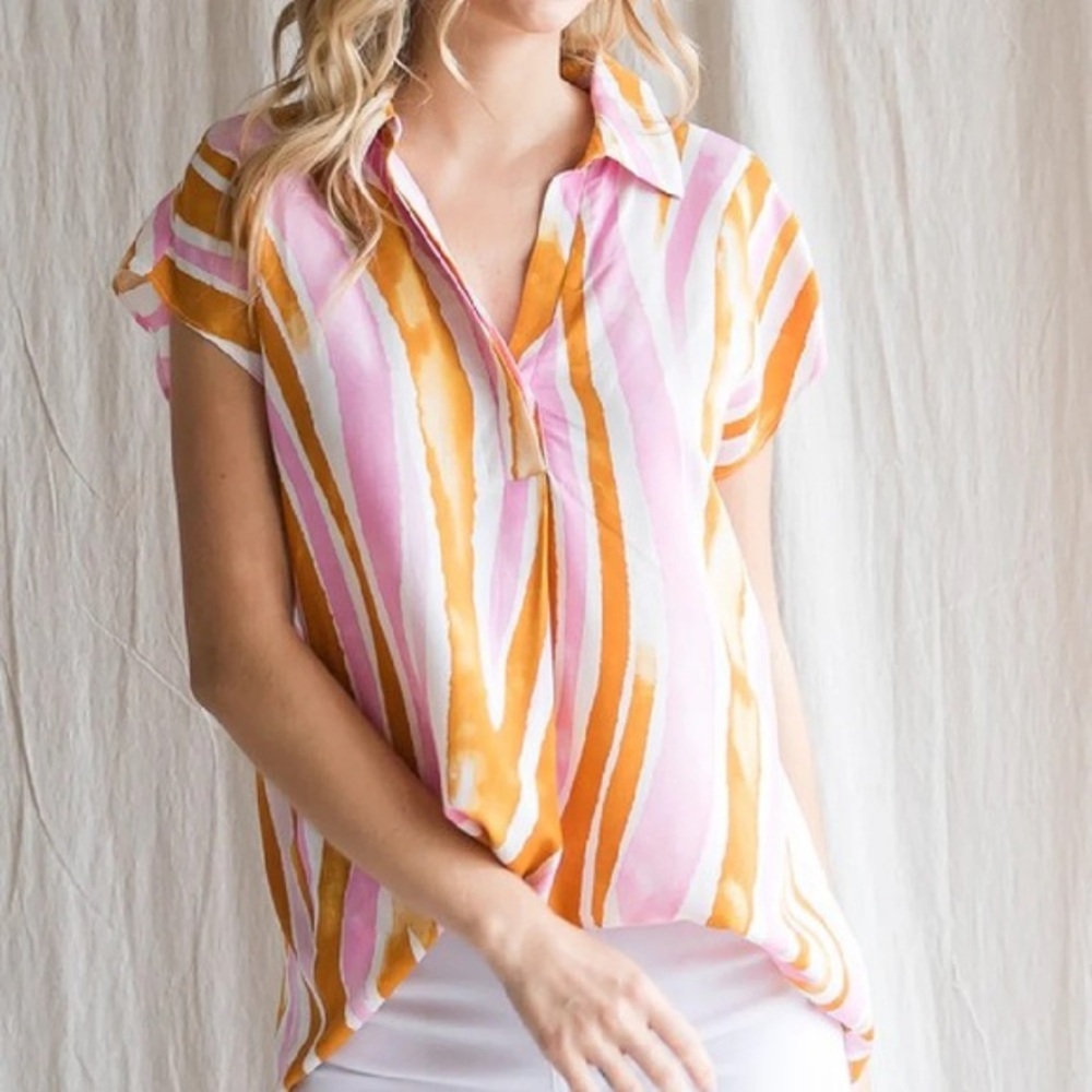 🍨JODIFL Smudge Stripe Blouse | Pink Mustard Cream | Flowy Boho Top - Picture 2 of 6
